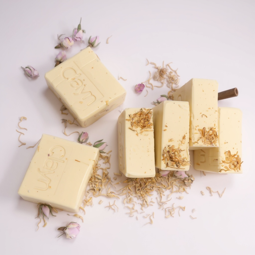 Yellow soap bars with floral elements on a light background