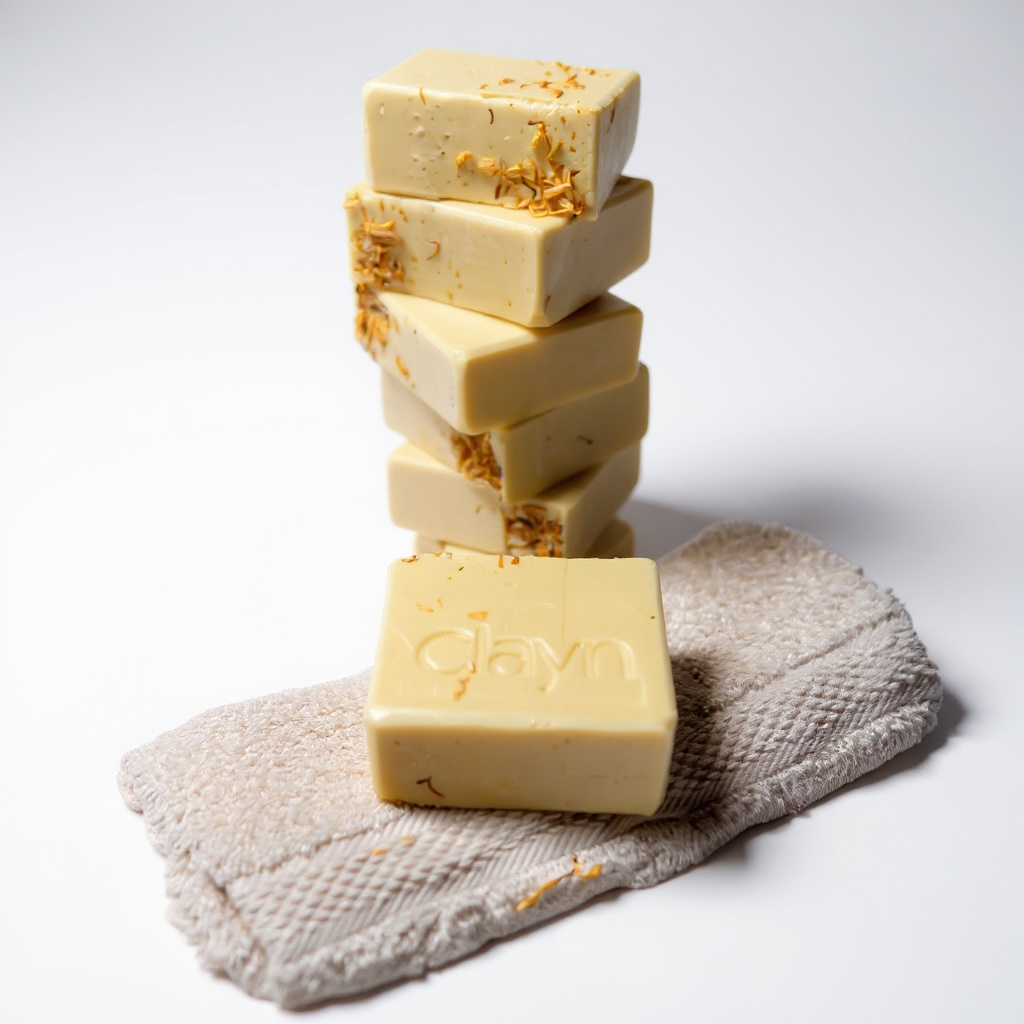 Stack of soap bars with 'glav' branding on a textured towel against a white background