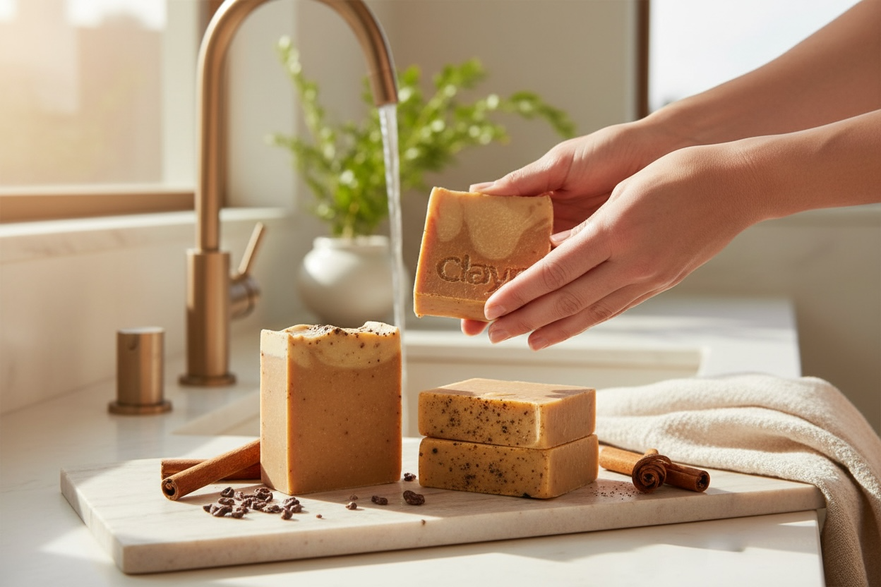 Hand holding a bar of soap labeled 'Clay' over a cutting board with other soap bars and spices.
