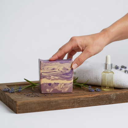 Hand holding a purple and white soap bar on a wooden tray with lavender flowers and a bottle of oil.