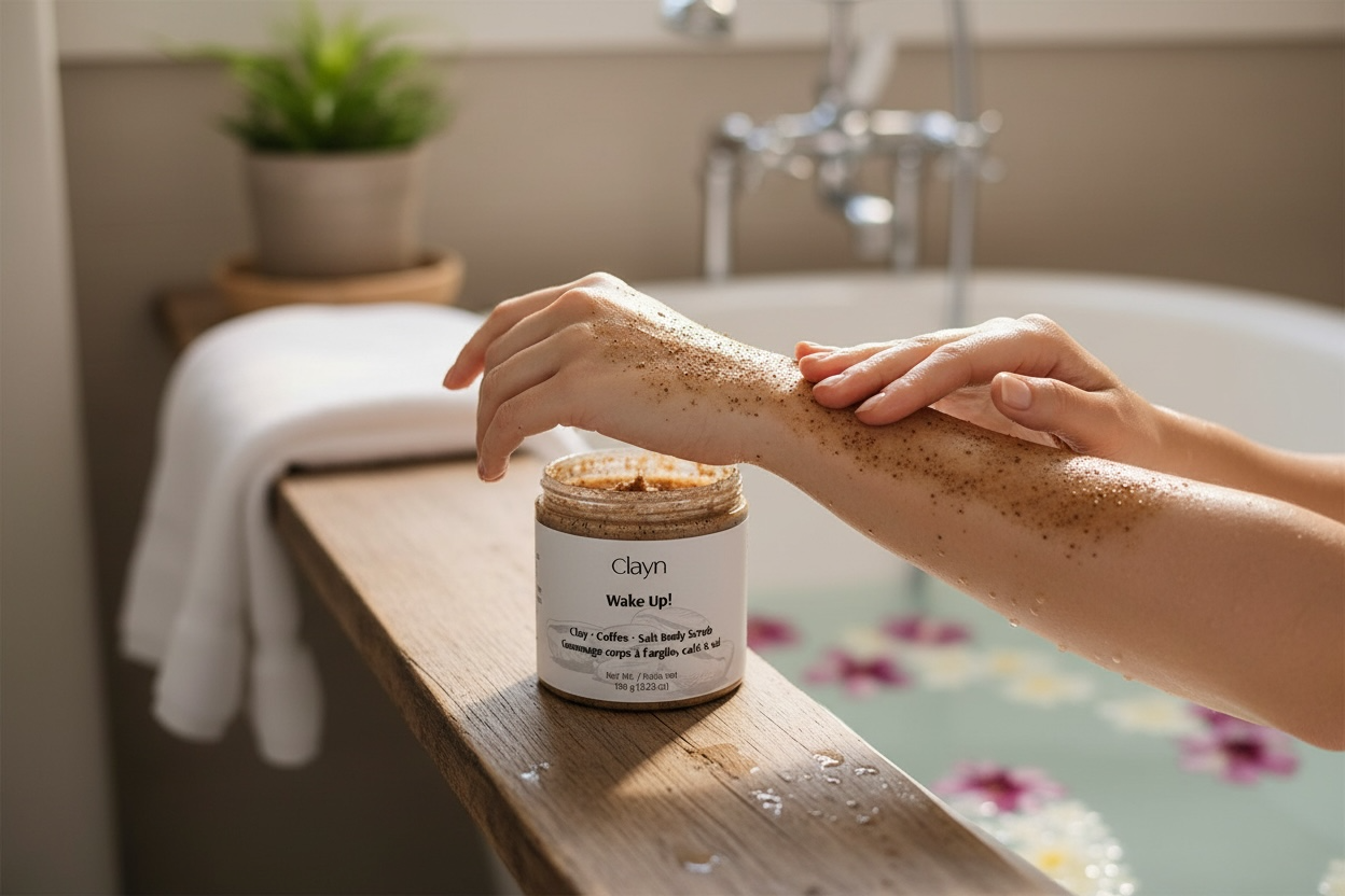 Person applying a jar of Clarys body scrub to their arm in a bathroom setting.