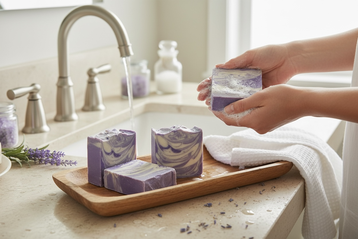 Hand holding a bar of soap above a wooden tray with more bars on a kitchen counter.