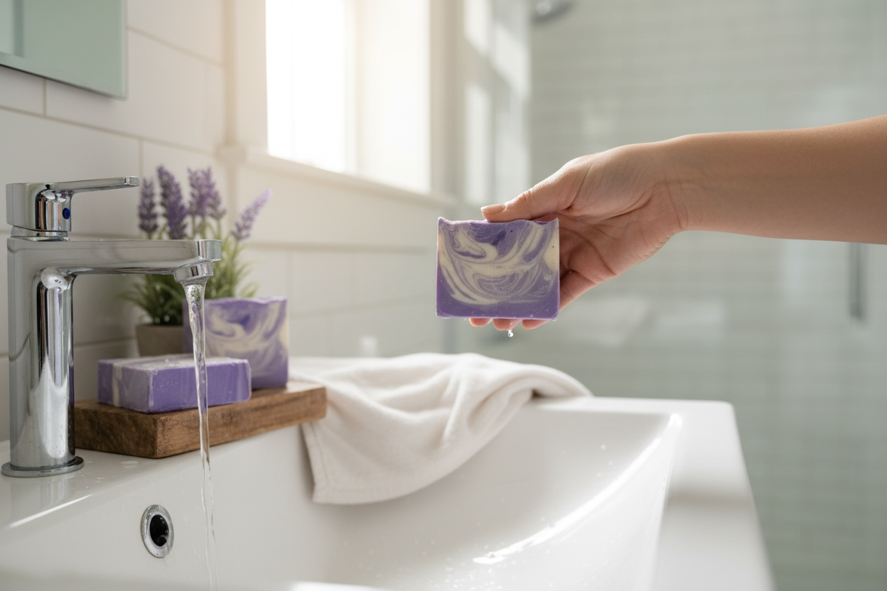 Hand holding a bar of soap over a sink with a decorative soap dish in the background.