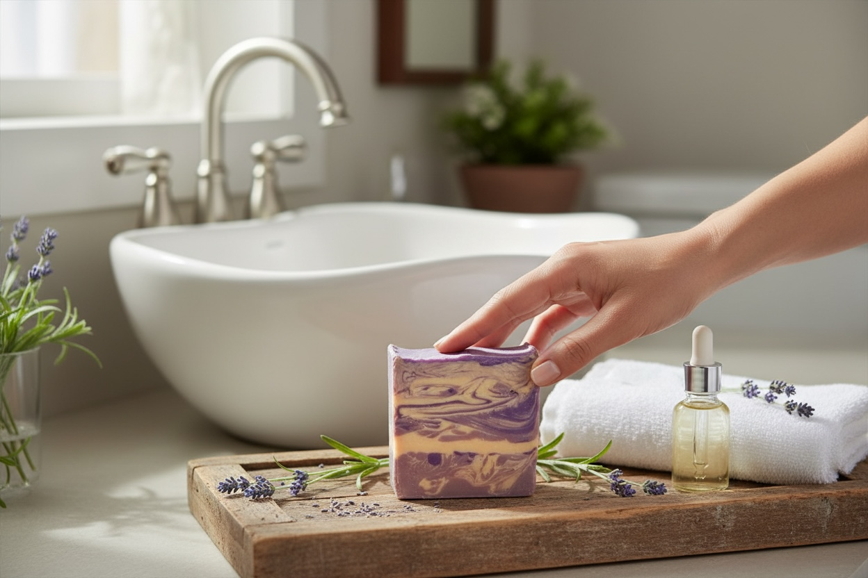 Hand holding a soap bar on a wooden tray with a bathroom setting in the background