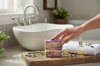 Hand holding a soap bar on a wooden tray with a bathroom setting in the background